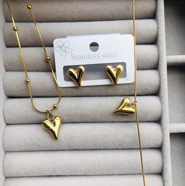 Premium Stainless Steel Heart Jewelry Set | Gold Plated Necklace Earrings | Minimal Love Pendant | Gift for Women | Womens Jewelry