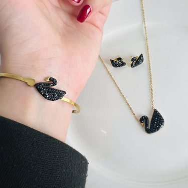 Black Swan Necklace Earrings | Bracelet Set for Women | Premium Stainless Steel | Gold Plated Elegant Statement Jewelry Gift | Black Jewelry