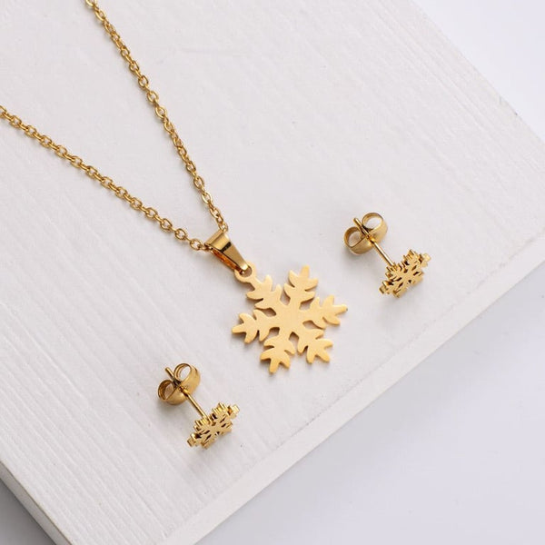 Gold Plated Snowflake Necklace and Stud Earrings Set for Women | Stainless Steel Minimalist Winter Jewelry Gift for Her | Jewelry Set