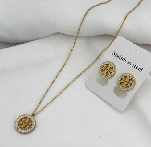Gold Plated Medallion Jewelry Set | Stainless Steel Premium Necklace and Stud Earrings | Elegant Round Charm Gift for Her | Minimal Jewelry
