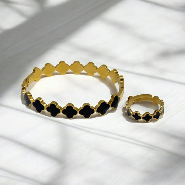 Premium Stainless Steel Black Clover Bracelet Ring Set | Gold Plated Lucky Charm Jewelry | Gift for Women | Stackable Ring | Clover Ring Set