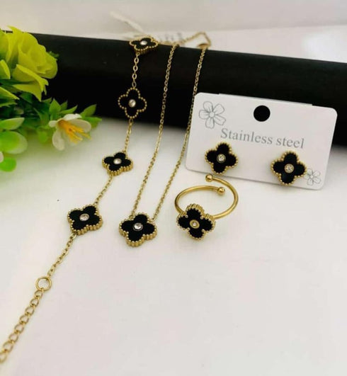 Premium Stainless Steel Black Clover Flower Set | Elegant Necklace and Earrings Jewelry | Lucky Charm Gift for Women | Floral Charm