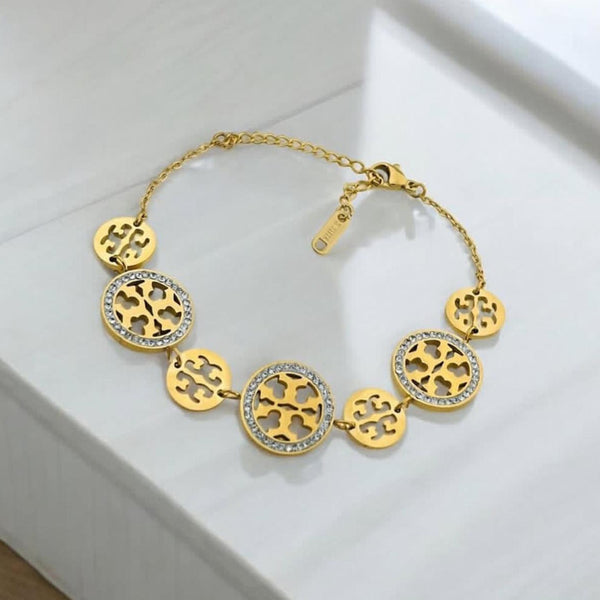 Golden Charm Bracelet | Premium Stainless Steel Bracelet | Crystal Round Charm Bracelet | Women Bracelet | Adjustable Fashion Jewelry Gift