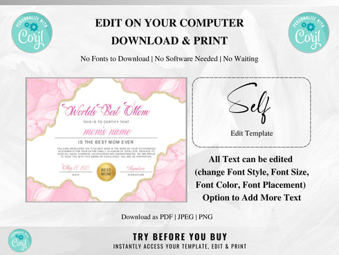 Best Mom Certificate Template, Mother's Day Certificate, Award For Best Mom, Best Mom In The World Certificate, Mother's Day Gift, Corjl