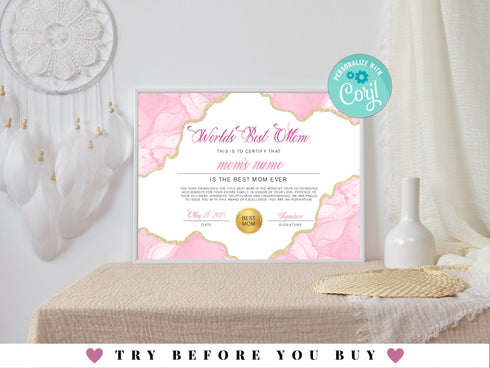 Best Mom Certificate Template, Mother's Day Certificate, Award For Best Mom, Best Mom In The World Certificate, Mother's Day Gift, Corjl