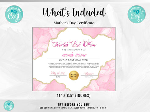 Best Mom Certificate Template, Mother's Day Certificate, Award For Best Mom, Best Mom In The World Certificate, Mother's Day Gift, Corjl