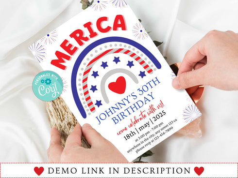 4th of July Birthday Invitation, Independence Day Patriotic Birthday Invitation Editable Template Instant Download PDF, JPG, or PNG