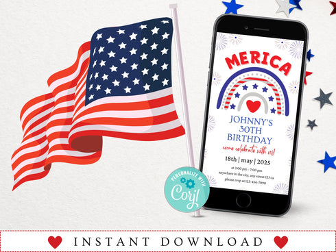 4th of July Birthday Invitation, Independence Day Patriotic Birthday Invitation Editable Template Instant Download PDF, JPG, or PNG