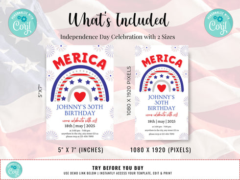 4th of July Birthday Invitation, Independence Day Patriotic Birthday Invitation Editable Template Instant Download PDF, JPG, or PNG