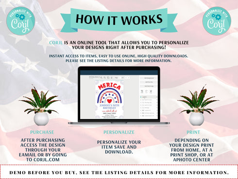 4th of July Birthday Invitation, Independence Day Patriotic Birthday Invitation Editable Template Instant Download PDF, JPG, or PNG