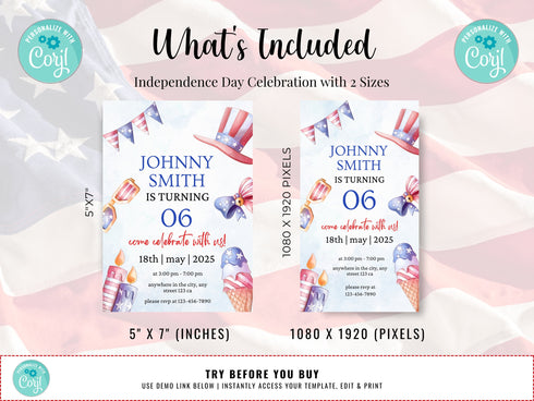 4th of July 1st Birthday Invitation, Stars Stripes and Fun Invitation, Red White and Blue, First Birthday Invite, Instant Download Editable