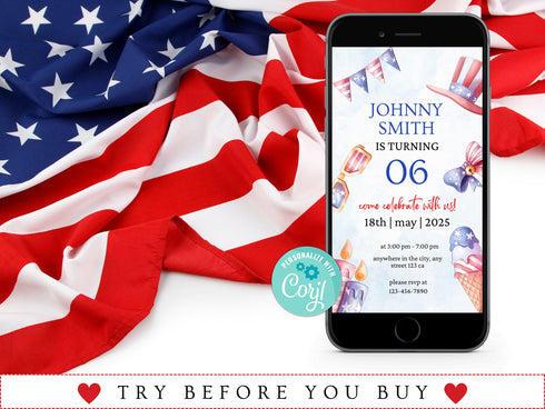 4th of July 1st Birthday Invitation, Stars Stripes and Fun Invitation, Red White and Blue, First Birthday Invite, Instant Download Editable