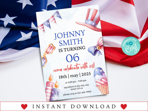 4th of July 1st Birthday Invitation, Stars Stripes and Fun Invitation, Red White and Blue, First Birthday Invite, Instant Download Editable