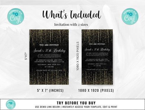 Birthday Invitation Template, Adult Birthday, Women's, Boho Theme, Black Modern Birthday Invitation, 40th, 50th, Thirty, Download, Template