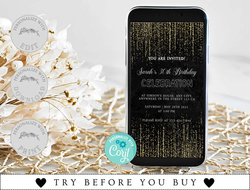 Birthday Invitation Template, Adult Birthday, Women's, Boho Theme, Black Modern Birthday Invitation, 40th, 50th, Thirty, Download, Template