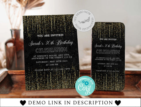 Birthday Invitation Template, Adult Birthday, Women's, Boho Theme, Black Modern Birthday Invitation, 40th, 50th, Thirty, Download, Template