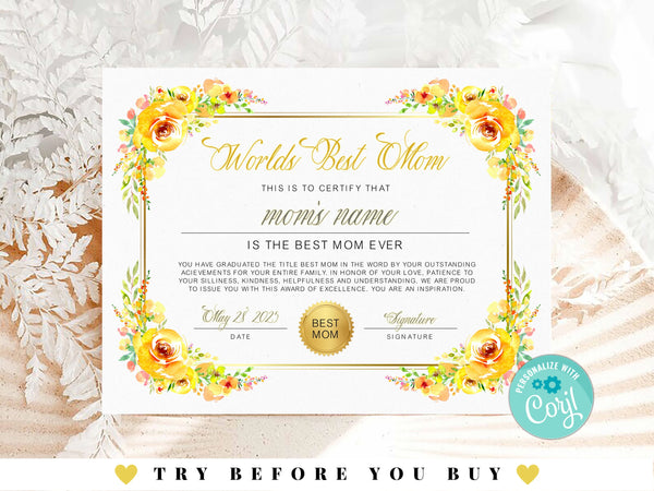 Editable Best Mom Certificate Template, Mother's Day Certificate, World's Best Mom, Best Mom Award with Flowers, Best Mom Ever Certificate