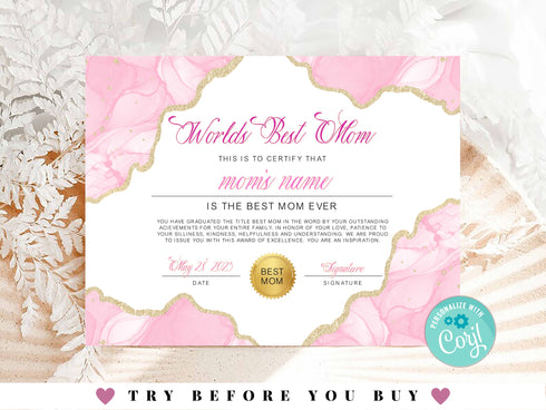 Best Mom Certificate Template, Mother's Day Certificate, Award For Best Mom, Best Mom In The World Certificate, Mother's Day Gift, Corjl