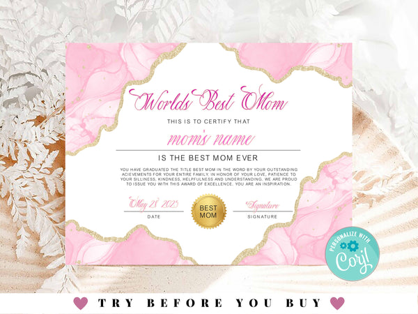 Best Mom Certificate Template, Mother's Day Certificate, Award For Best Mom, Best Mom In The World Certificate, Mother's Day Gift, Corjl
