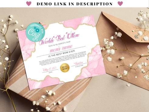 Best Mom Certificate Template, Mother's Day Certificate, Award For Best Mom, Best Mom In The World Certificate, Mother's Day Gift, Corjl