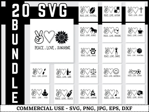 Peace Love SVG Bundle | Peace Love Dance Books Horses SVG PNG DXF EPS | Inspirational Faith Cut Files for Cricut | Motivational Vector Design