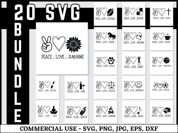 Peace Love SVG Bundle | Peace Love Dance Books Horses SVG PNG DXF EPS | Inspirational Faith Cut Files for Cricut | Motivational Vector Design