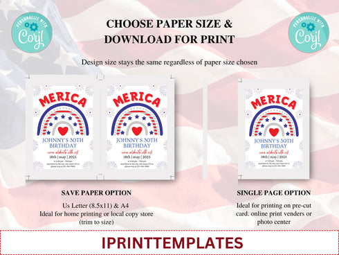 4th of July Birthday Invitation, Independence Day Patriotic Birthday Invitation Editable Template Instant Download PDF, JPG, or PNG