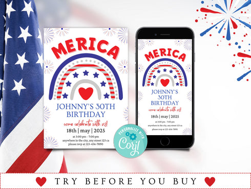 4th of July Birthday Invitation, Independence Day Patriotic Birthday Invitation Editable Template Instant Download PDF, JPG, or PNG