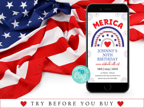 4th of July Birthday Invitation, Independence Day Patriotic Birthday Invitation Editable Template Instant Download PDF, JPG, or PNG