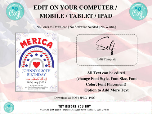 4th of July Birthday Invitation, Independence Day Patriotic Birthday Invitation Editable Template Instant Download PDF, JPG, or PNG
