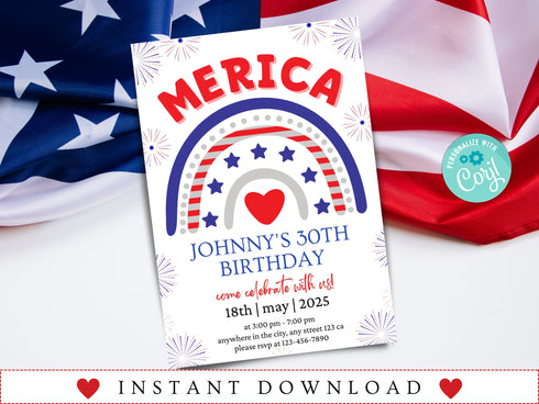 4th of July Birthday Invitation, Independence Day Patriotic Birthday Invitation Editable Template Instant Download PDF, JPG, or PNG