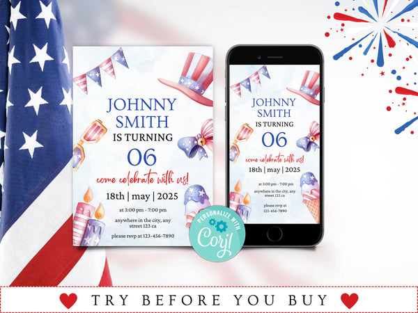 4th of July 1st Birthday Invitation, Stars Stripes and Fun Invitation, Red White and Blue, First Birthday Invite, Instant Download Editable