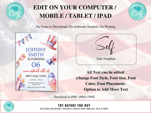 4th of July 1st Birthday Invitation, Stars Stripes and Fun Invitation, Red White and Blue, First Birthday Invite, Instant Download Editable