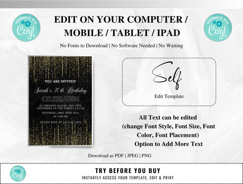 Birthday Invitation Template, Adult Birthday, Women's, Boho Theme, Black Modern Birthday Invitation, 40th, 50th, Thirty, Download, Template
