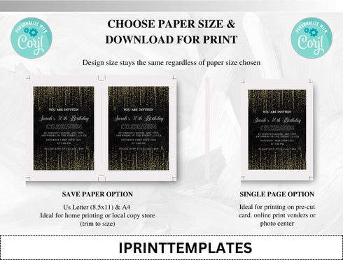 Birthday Invitation Template, Adult Birthday, Women's, Boho Theme, Black Modern Birthday Invitation, 40th, 50th, Thirty, Download, Template