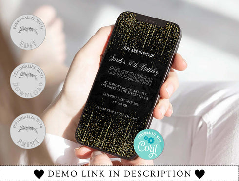 Birthday Invitation Template, Adult Birthday, Women's, Boho Theme, Black Modern Birthday Invitation, 40th, 50th, Thirty, Download, Template