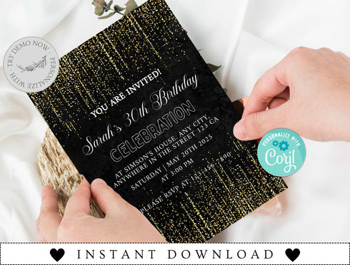 Birthday Invitation Template, Adult Birthday, Women's, Boho Theme, Black Modern Birthday Invitation, 40th, 50th, Thirty, Download, Template