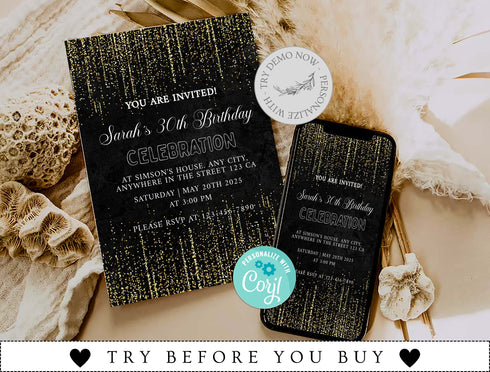 Birthday Invitation Template, Adult Birthday, Women's, Boho Theme, Black Modern Birthday Invitation, 40th, 50th, Thirty, Download, Template