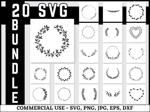 Wreath SVG Bundle | Circle Floral Wreath SVG PNG DXF EPS | Heart Laurel Monogram Cut Files for Cricut | Wedding Frame Vector Design