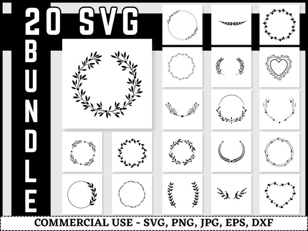 Wreath SVG Bundle | Circle Floral Wreath SVG PNG DXF EPS | Heart Laurel Monogram Cut Files for Cricut | Wedding Frame Vector Design