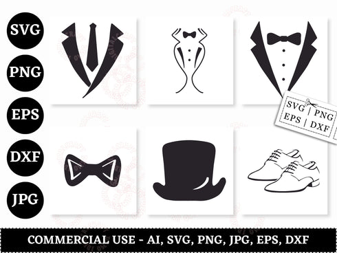 Tuxedo SVG Bundle | Tuxedo Suit SVG PNG DXF EPS | Gentleman Bow Tie Cut Files for Cricut | Formal Wear Vector Design