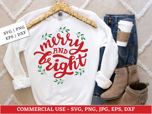Merry and Bright SVG | Christmas Quote SVG PNG DXF EPS | Holiday Cut Files for Cricut | Winter Holiday Vector Design