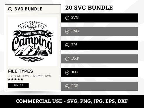 Camping SVG Bundle | Camper Life SVG PNG DXF EPS | Happy Camper Campfire Hiking Cut Files for Cricut | Adventure Vector Design
