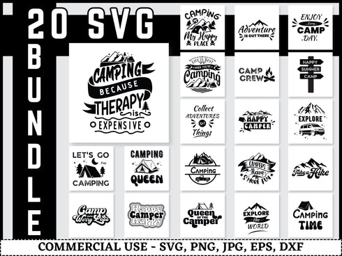Camping SVG Bundle | Camper Life SVG PNG DXF EPS | Happy Camper Campfire Hiking Cut Files for Cricut | Adventure Vector Design