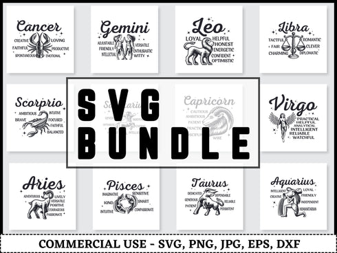 Zodiac SVG Bundle | Celestial Zodiac Constellation SVG PNG DXF EPS | Astrology Horoscope Cut Files for Cricut | Star Sign Vector Design