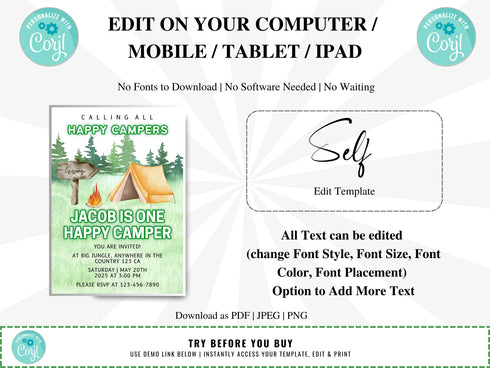 Editable Camping Birthday Invitation, Adventure Forest Camp Birthday Invitation Template, Camper Birthday Invitation, Printable, Corjl