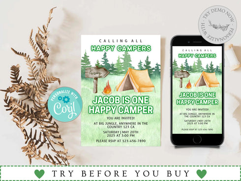 Editable Camping Birthday Invitation, Adventure Forest Camp Birthday Invitation Template, Camper Birthday Invitation, Printable, Corjl