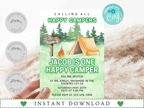 Editable Camping Birthday Invitation, Adventure Forest Camp Birthday Invitation Template, Camper Birthday Invitation, Printable, Corjl