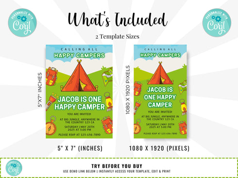 Editable Camping Birthday Invitation, Adventure Forest Camp Birthday Invitation Template, Camper Birthday Invitation, Printable, Corjl