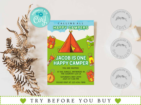 Editable Camping Birthday Invitation, Adventure Forest Camp Birthday Invitation Template, Camper Birthday Invitation, Printable, Corjl